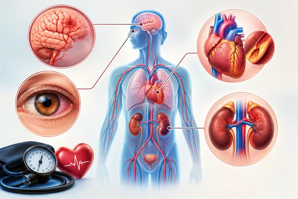 Huyết áp cao kéo dài có thể gây tổn thương tim, não, thận và mắt. Ảnh được tạo bởi AI